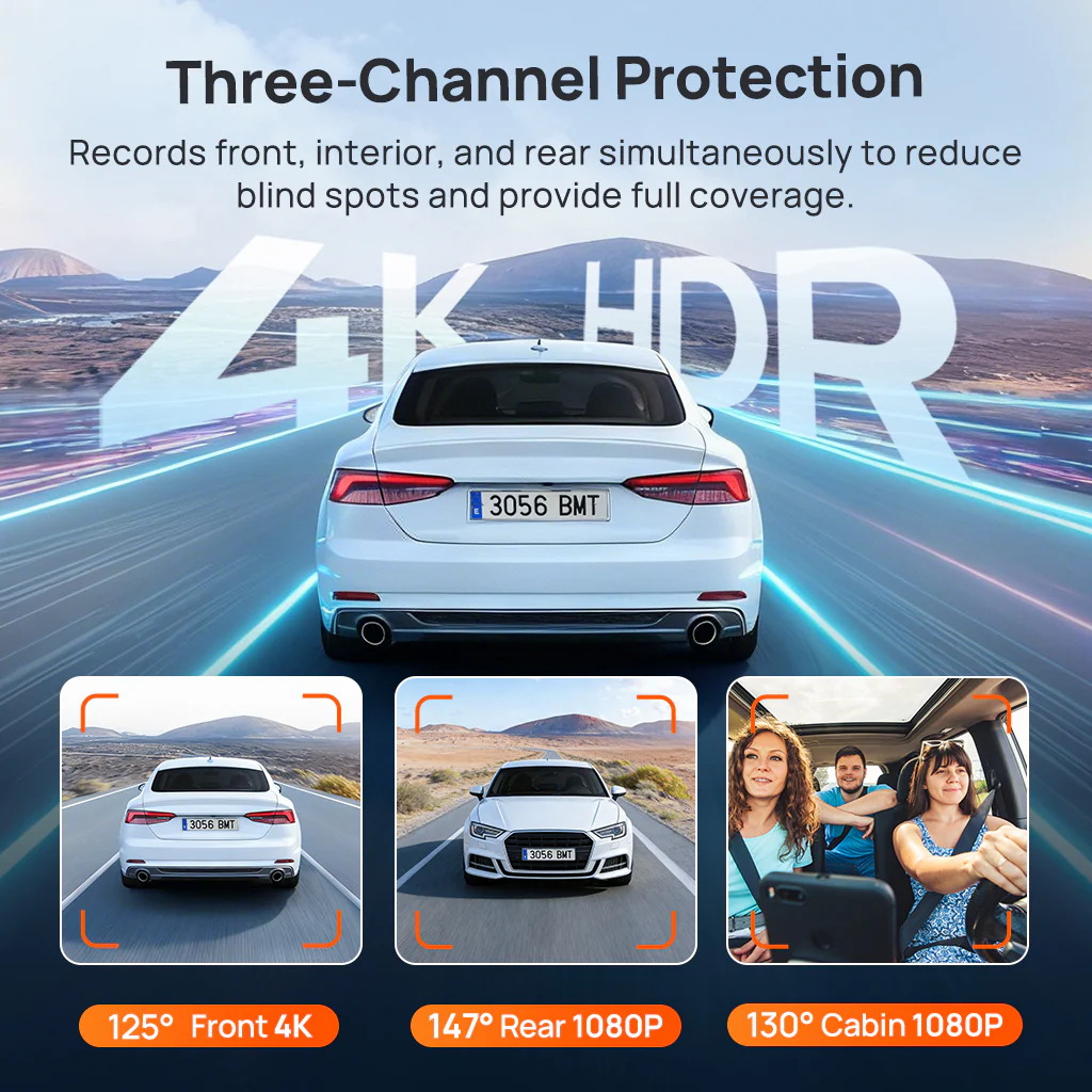70mai Dash Cam 4K T800E, 3-Channel Front Interior Rear Car Camera, 4K HDR, Night Owl Vision, 24H Parking Surveillance & GPS - Image 3