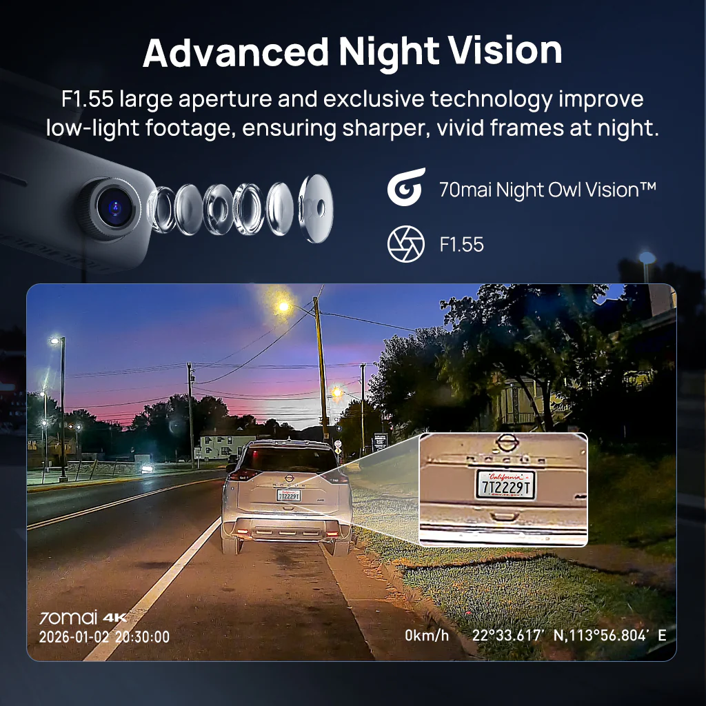 70mai Dash Cam 4K T800E, 3-Channel Front Interior Rear Car Camera, 4K HDR, Night Owl Vision, 24H Parking Surveillance & GPS - Image 9