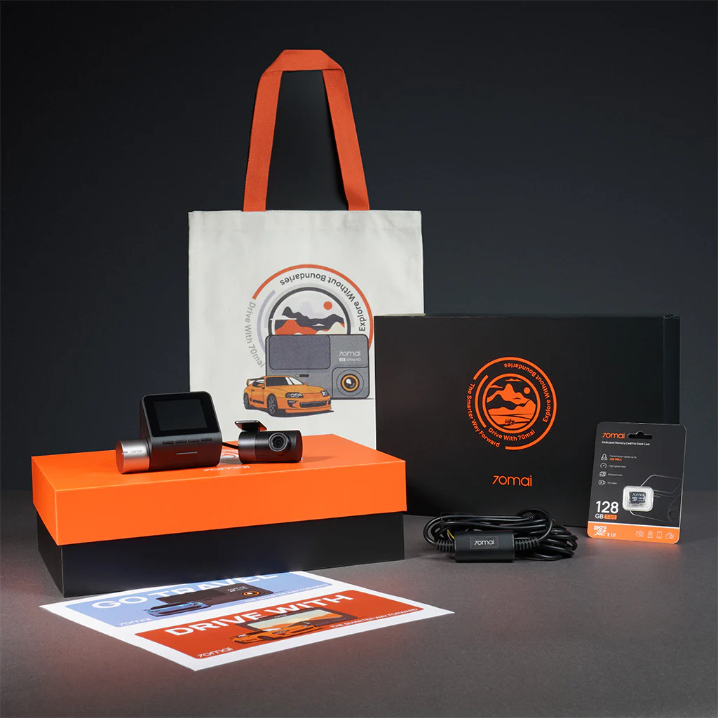 A500S Gift Box: Front Cam + Rear Cam + Memory Card + Hardwire Kit + Canvas Bag + Sticker Set