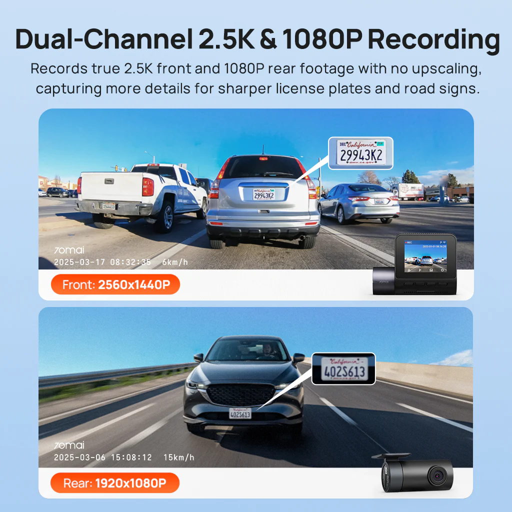 70mai Dash Cam A410 2.5K HDR Dual with GPS, Emergency Record, G-Sensor, App Control and Compact Design - Image 4
